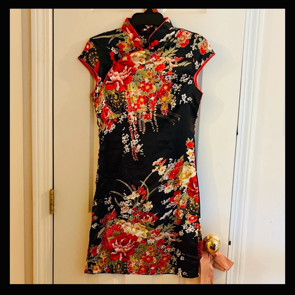 Floral Black Cheongsam Dress